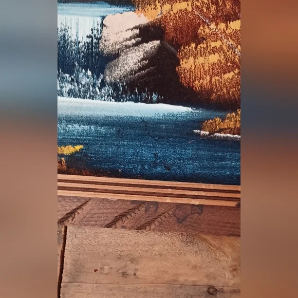 Pair (2) Velvet Landscape Paintings Waterfall Lake Trees Frame MCM Retro EUC